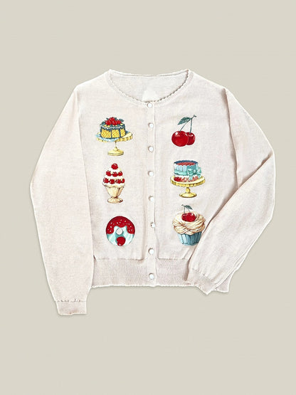 Apricot Long Sleeves Dessert Print Cardigan