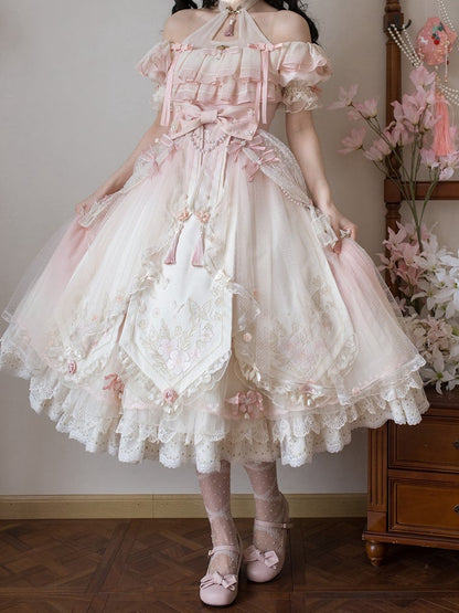 Ombre Pink Peach Blossom Halter Neck Han Lolita Dress