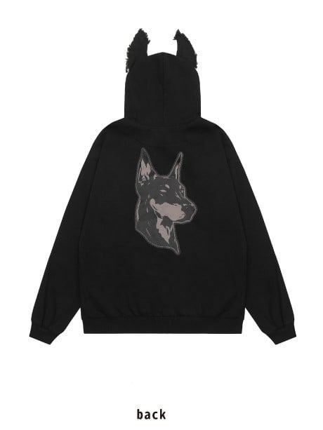 Und Applikation Puppy Hoodie Schwarz Buchstaben Fleece mit Ohren Druck