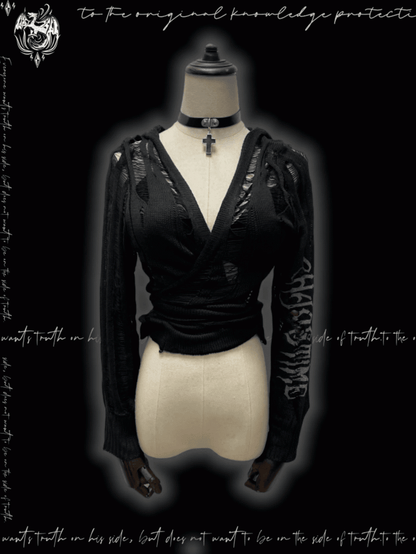 Strap Punk Black Distressed Holes with Hooded Cardigan Glamorous Self-tie