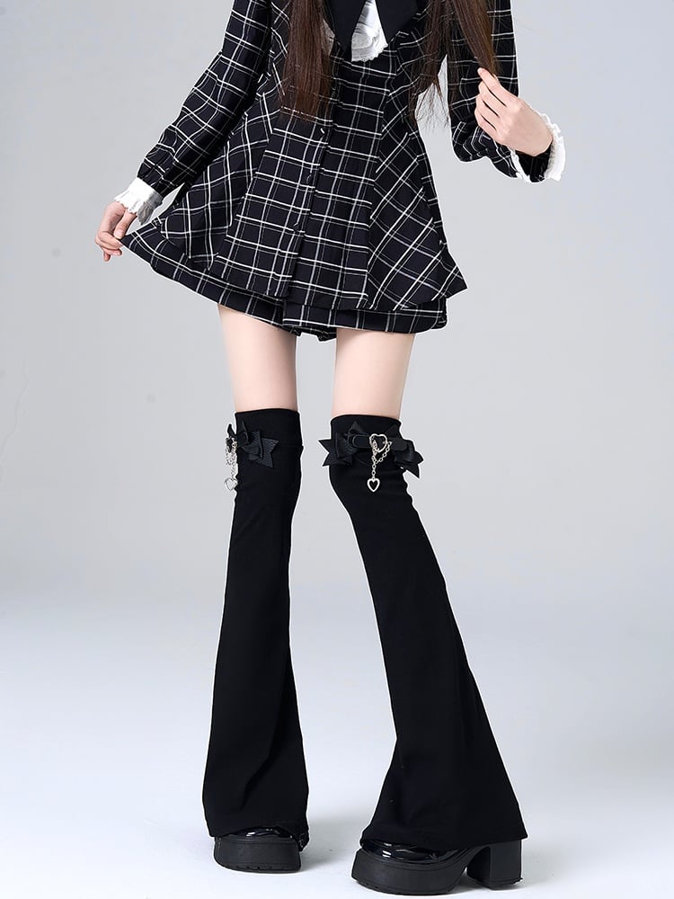 Jirai Kei Black/White Bowknot Buckle Strap Overknee Leg Warmers