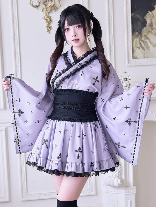 Sleeves Cross and Wrap Black Jirai Purple Gothic with Print Bell Style Top Kei Kimono-Inspired