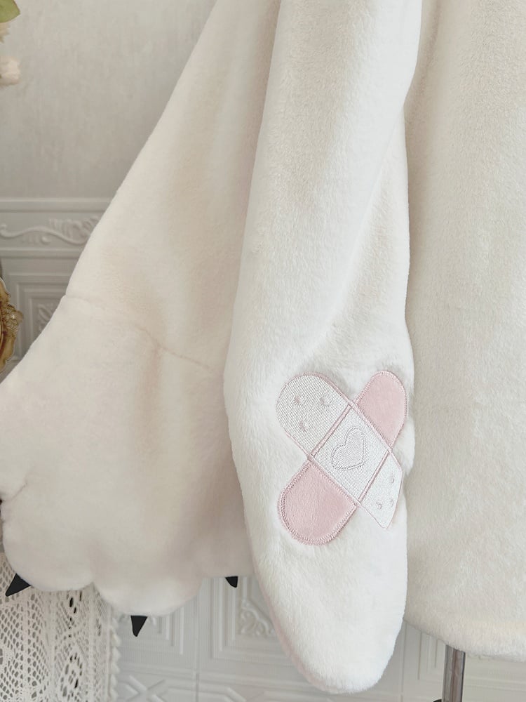 White and Pink Oversized Bunny Ears Hooded Plush Coat