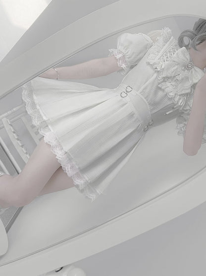 Taille Kei mit Kleid Ausschnitt Schnallen Herz Offen Schnürung Jirai Schulter Weiß