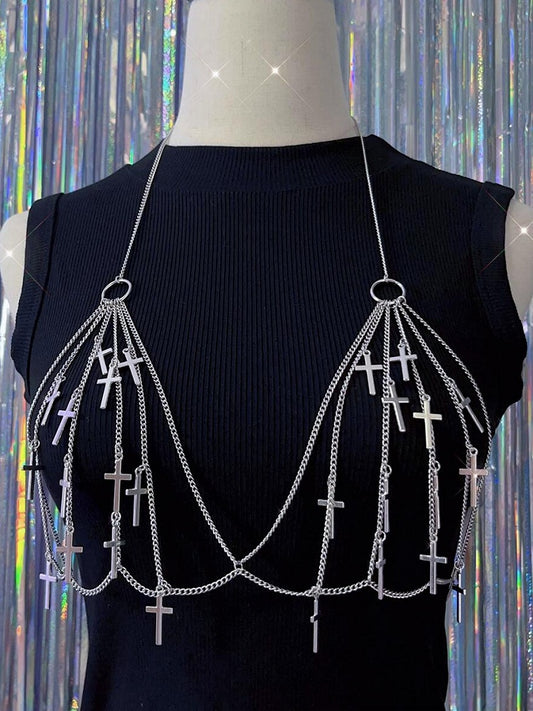 Silver Charm Y2k Cross Chest Chain