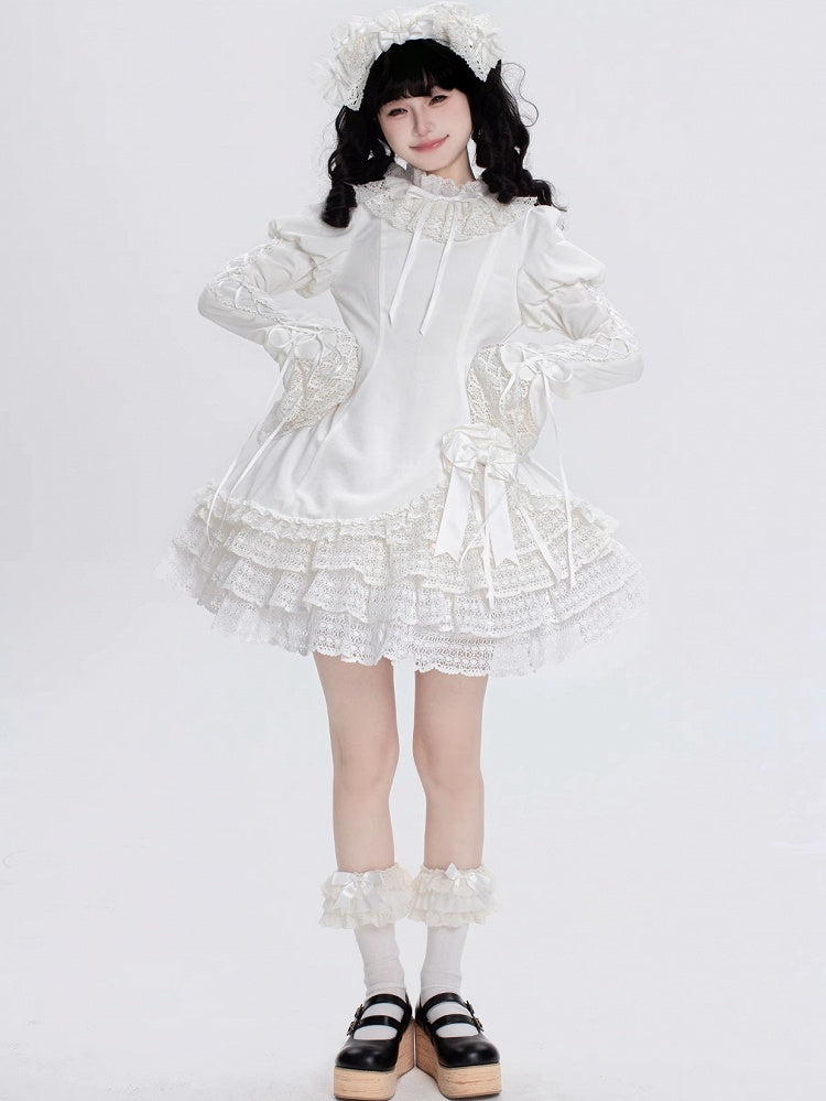 Robe Lolita Shiro à manches longues et col à volants entièrement blanche