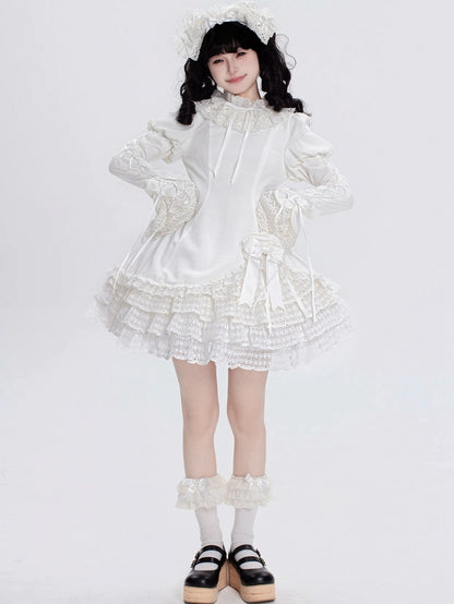 Robe Lolita Shiro à manches longues et col à volants entièrement blanche