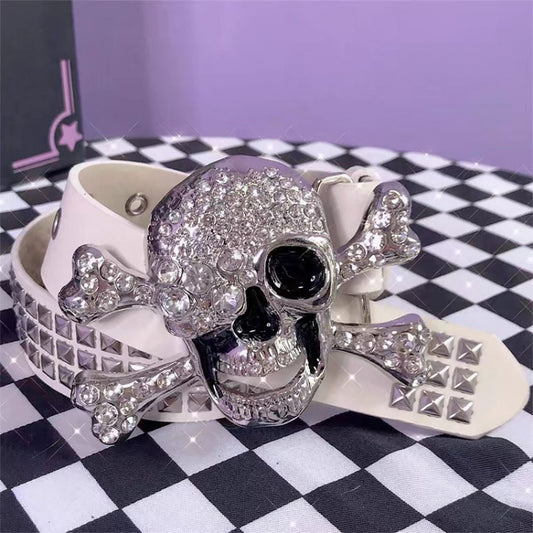 Black White Rhinestoned Skeleton Punk Waist Belt