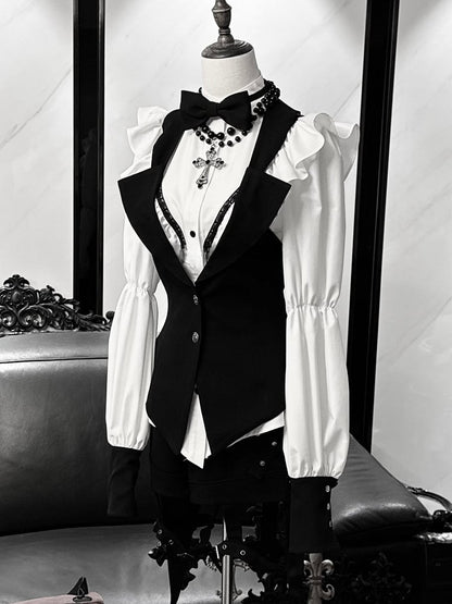 and Prince Lolita Waistcoat Garters - Outfit Ouji Gothic + Bowtie Black Tailcoat with White Shorts Shirt