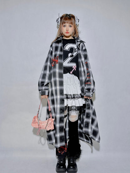 Black&Gray Plaid Pattern Kitty and Panda Pin Chain Shirt+White Brain Knitted Long Cardigan