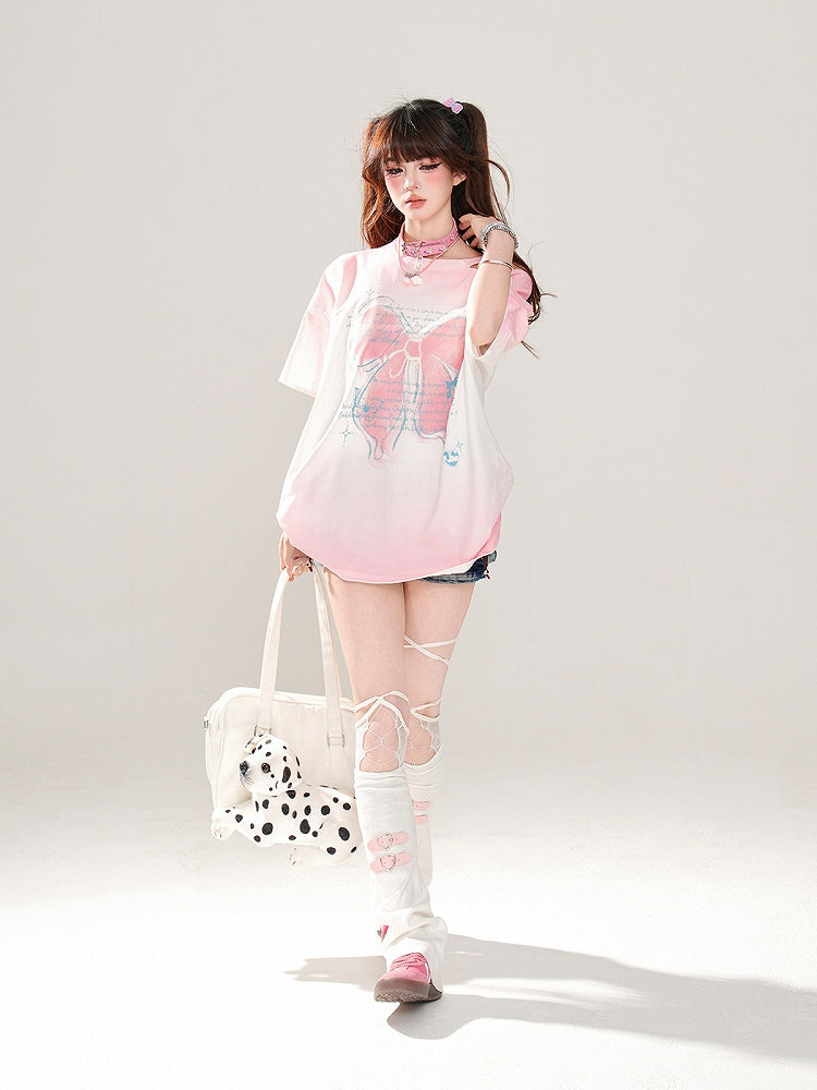 Butterfly Rose Pink/Pink/Gray Loose Shoulder T-Shirt Print Ombre Cutout
