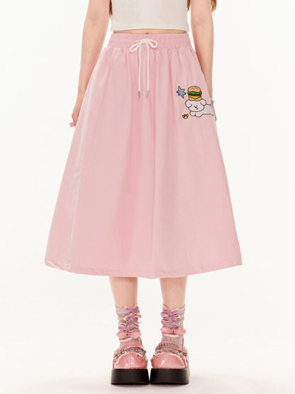 Skirt A-line Pink Drawstring Waist Cute Puppy Embroidery
