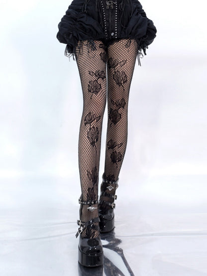 Black Gothic Rosette Floral Pattern Fishnet Tights