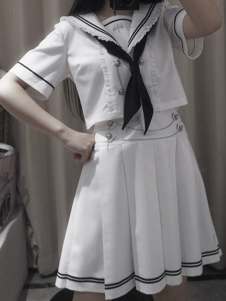 Pleated Sleeves White Navycore JK + Collar Short Skirt Uniform Sailor Set- Top