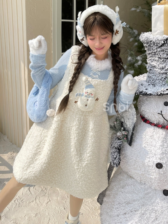 Haut à manches longues et col en peluche bleu avec détails nœud