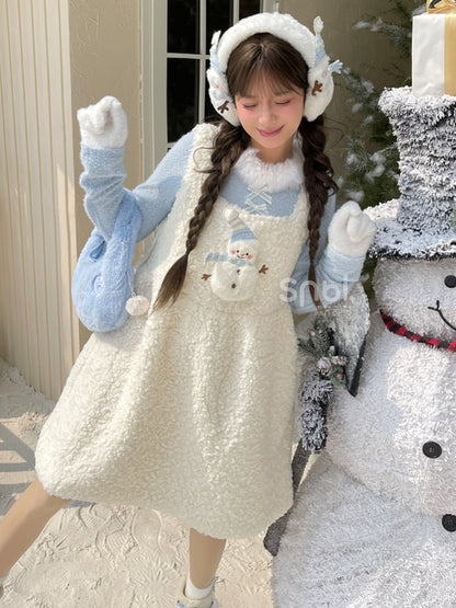 Haut à manches longues et col en peluche bleu avec détails nœud