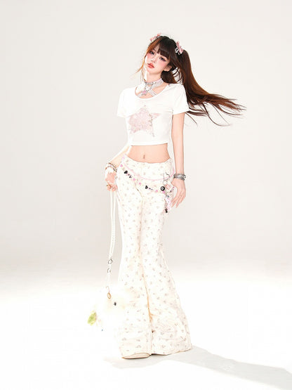 Apricot Low Waist Floral Pattern Slim-fitting Flared Pants