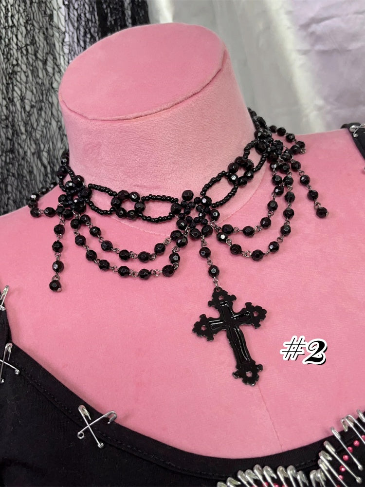 Black Punk Cross Pendant Beaded Necklace