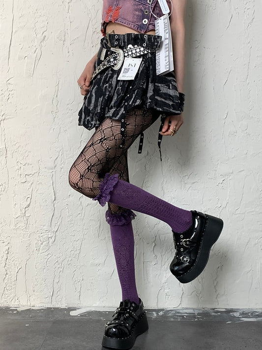 Y2K Underknee Stockings Cuff Ruffled Purple