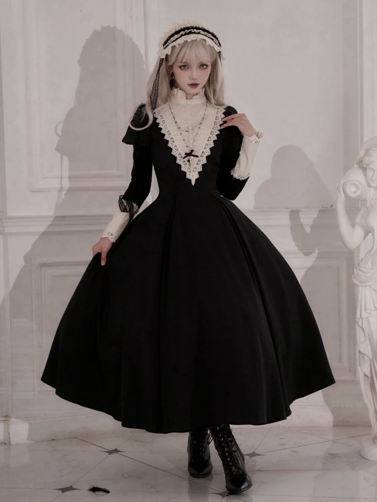 Elegant Black and Beige Ruffle Banded Collar Gothic Nun Lolita Dress