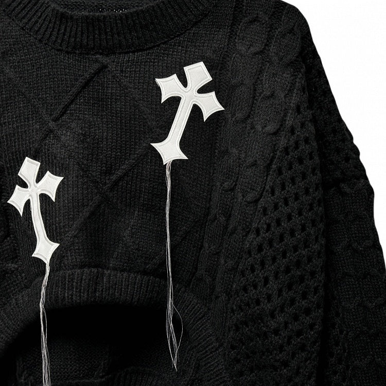 Punk Black Cross Appliques Fringe Design Cropped Sweater