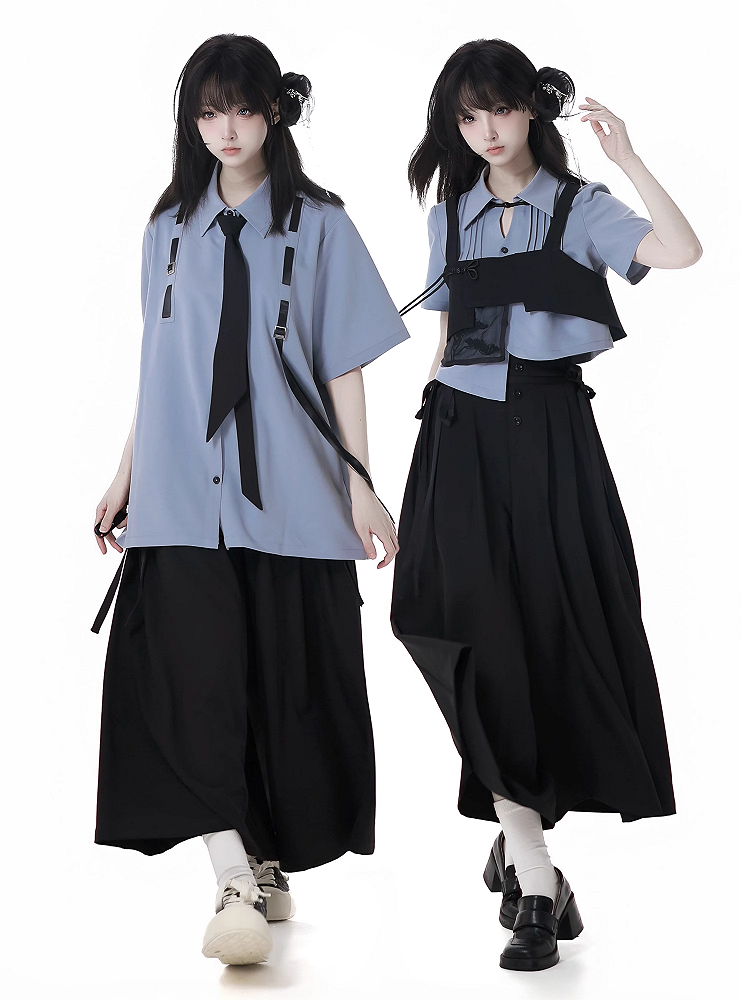 Button Cheongsam Style Top Embroidery Black Pine Tree Knot