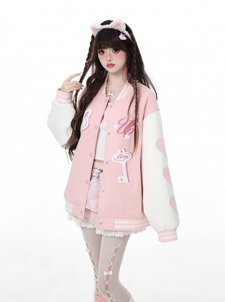 Veste de baseball Yume Kawaii rose/bleu avec appliques clés