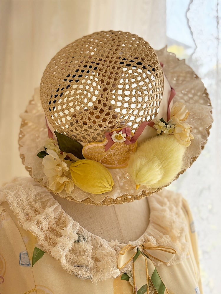 Plush Chick with Hat Flowers and Out Hallow Straw Adorned