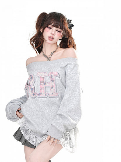 Brown/Gray Off-the-shoulder Neckline Letter Loose Sweatshirt