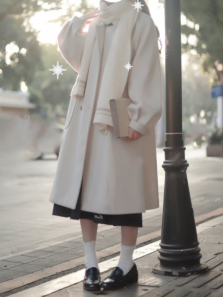 Double Breasted Design Notched Collar  with Long Woolen Coat White