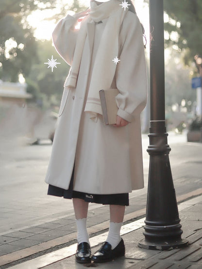 Double Breasted Design Notched Collar  with Long Woolen Coat White