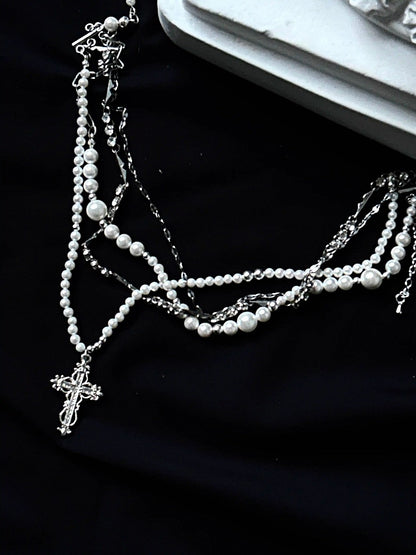 Red/White  Gothic Lolita Necklace with Cross Pendent