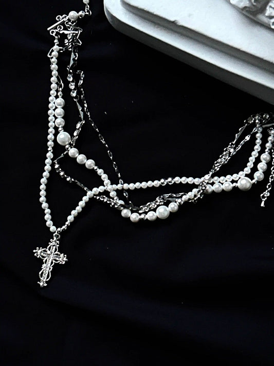 Red/White  Gothic Lolita Necklace with Cross Pendent