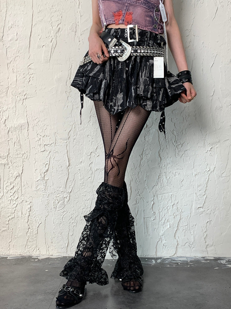 Star Pattern Leg Y2K Black Sleeves Trim Lace Strap Self-tie