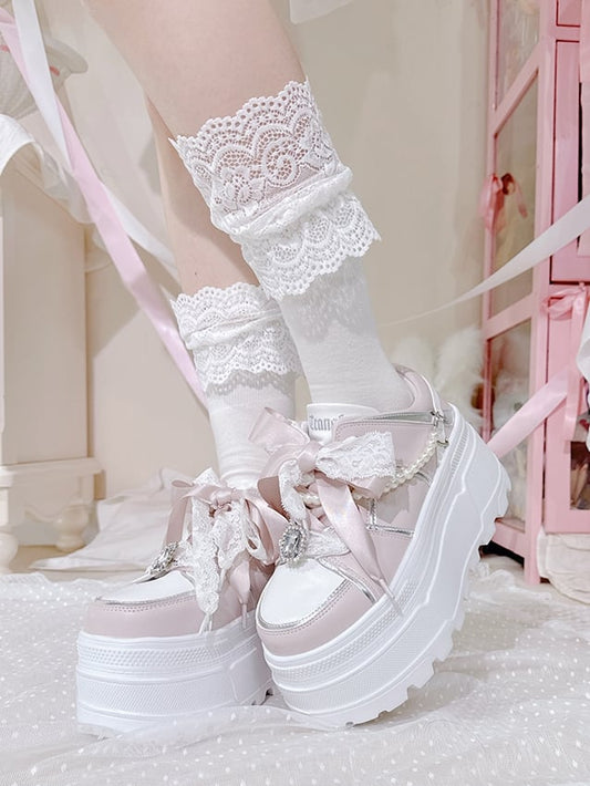 Jirai Kei Pink Rhinestone Platform Shoes with Detachable Beaded Chain