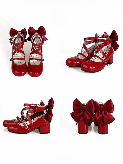 Accent Bow Crisscross Heels Mid Red Design Sweet Toe Round - Lolita