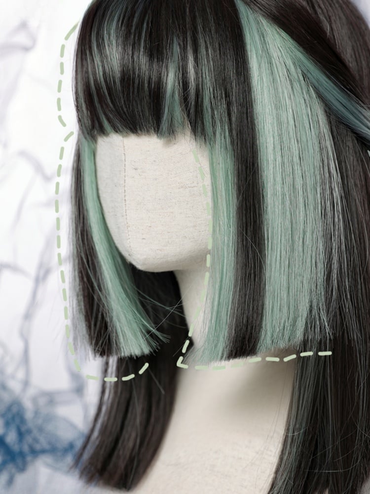 Y2K Black Mint Green Highlight Straight Hime Cut Synthetic Wig