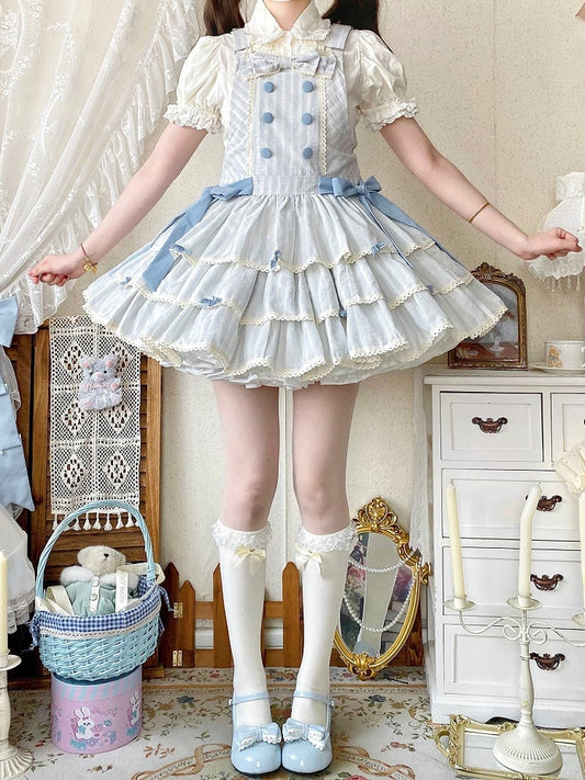 Sweet Ruffle Layered Striped Dress Bow with Accents Overall Blue Lolita