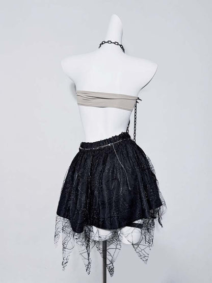 Punk Black Halter Neck Studs and Chain Star-shaped Backless Top