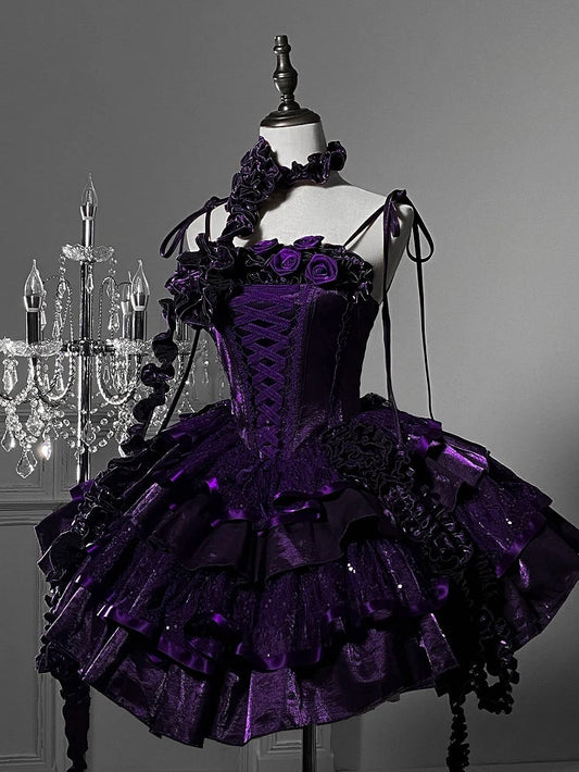 Goth Ruffle Dress Decorated Roses Boning Neckline Lolita Sequins Tiered Purple