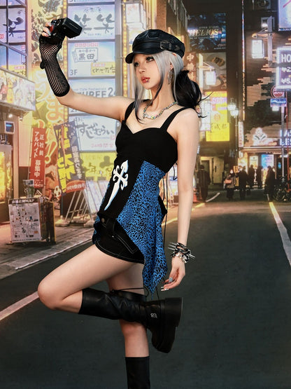 Haut sans bretelles noir glamour à patchs léopard bleus Gyaru des années 2000