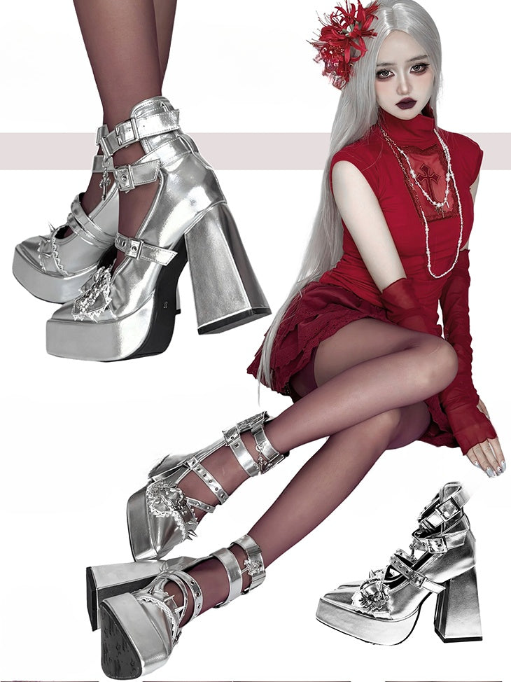 Gothic Silver Cross Heart Buckle Straps Stud Platform High Block Heels
