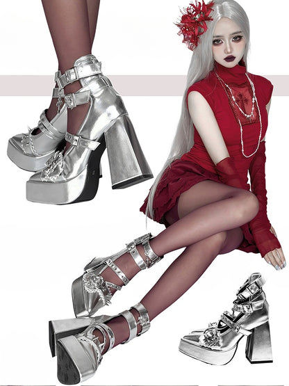 Gothic Silver Cross Heart Buckle Straps Stud Platform High Block Heels