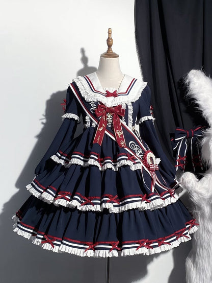 Sailor Set Lolita Navy Summer Dress Skirt Full OP Navycore Tiered Blue