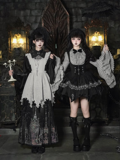 Gothic Necklace Black Top Han Lolita Skirt Bonnet Long Apron Horse-face - Set +
