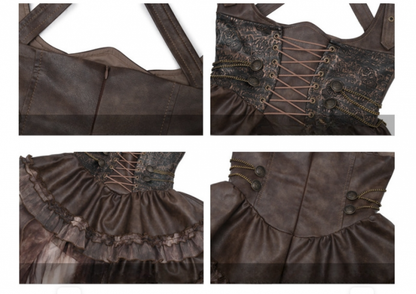Brown Western Style Steampunk Asymmetrical Overall Dress with Detachable Train