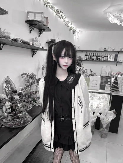 with Eye and Snake Embroidery Distressed Holes Knit Cardigan White