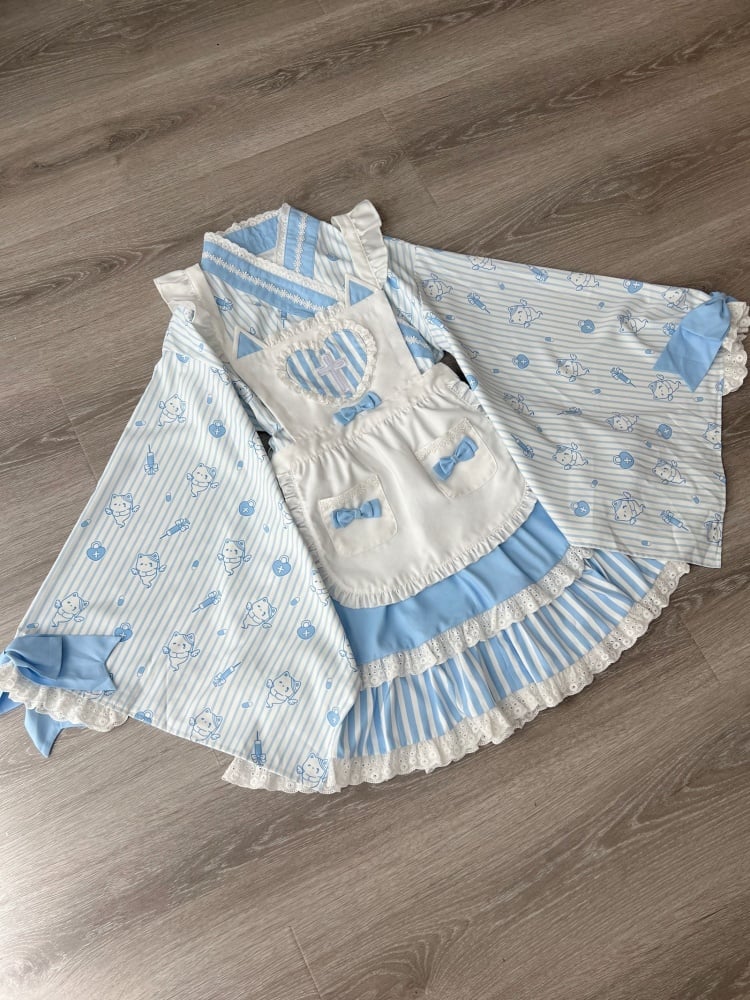 Blue Striped Little Ghost Print Top + Tiered Skirt + Apron Wa Lolita Set