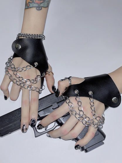 Y2K verziert schwarz/weiß/rot/silber und Schloss Punk Kette PU