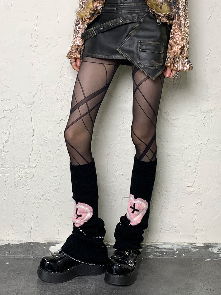 Yami Kawaii Black Y2K Heart Cross Pattern Leg Warmers